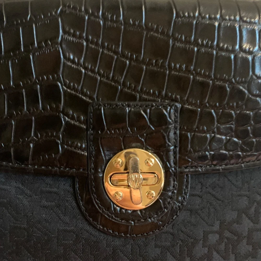 DKNY Black Croc Embossed Leather/Fabric Crossbody Handbag